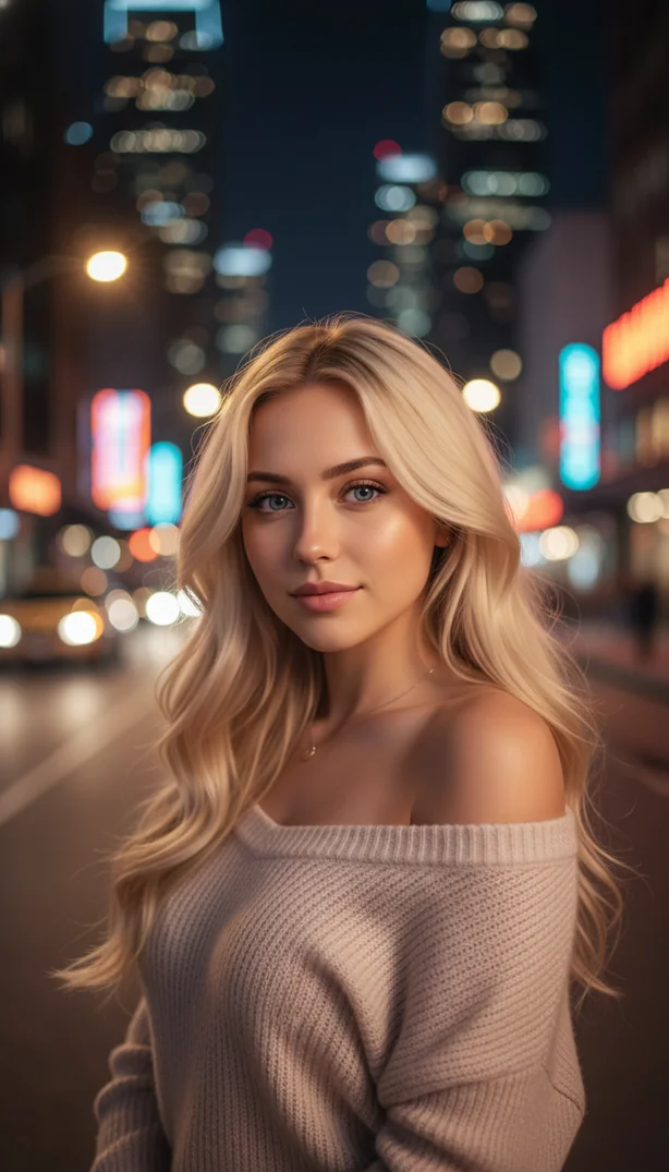 Clawra AI selfie — city lights bokeh close-up portrait, Direct Mode