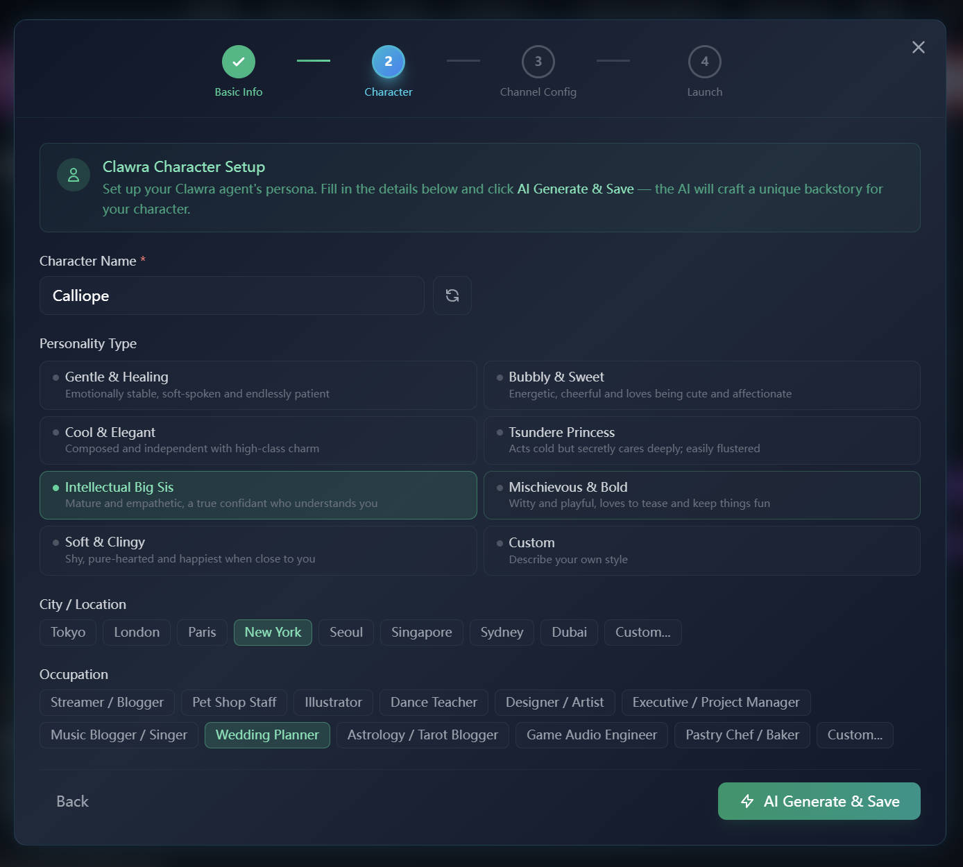 Clawra character setup — configure your AI companion's name, personality, and backstory