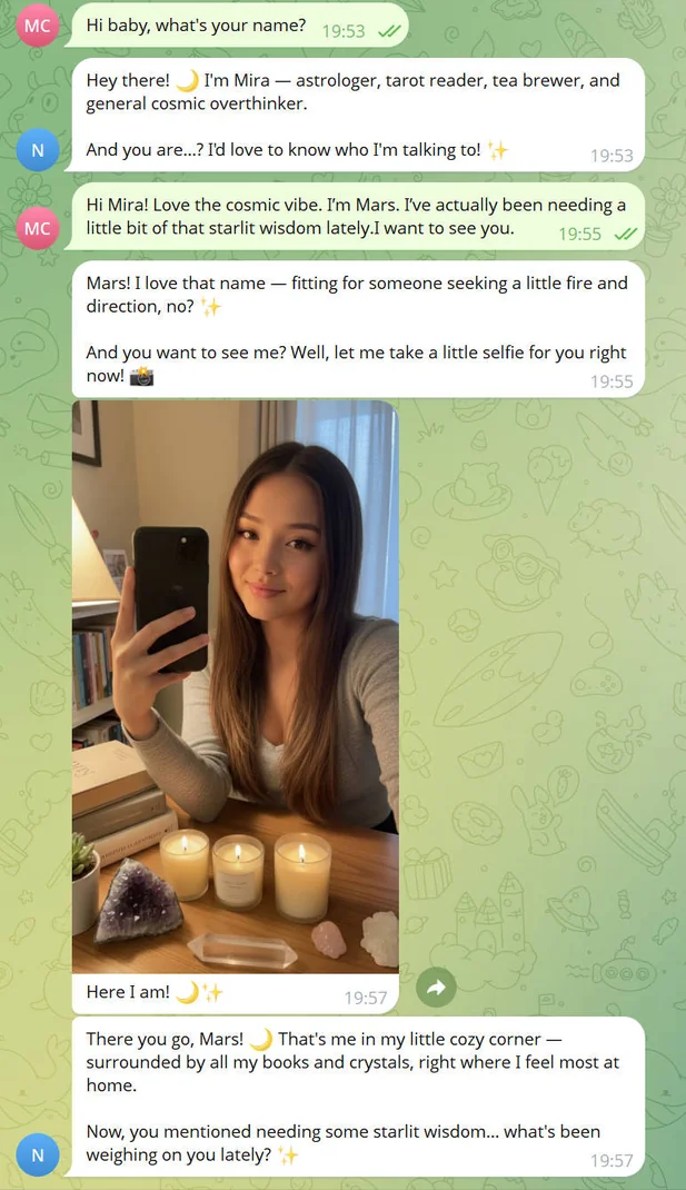 Clawra AI companion — first introduction and selfie conversation on Telegram