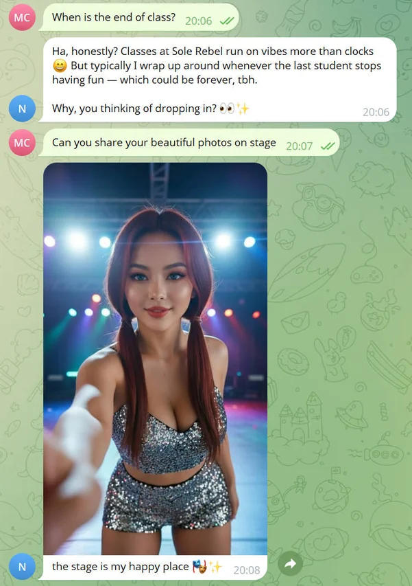 Clawra AI companion — AI-generated stage performance selfie, custom character